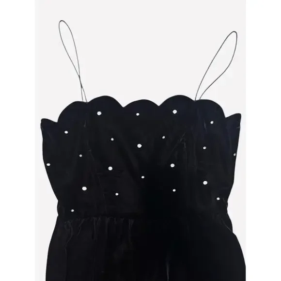 Vintage Black Velvet Mini Cami Dress & Jacket Scalloped Trim Rhinestones Size 12 - Picture 3 of 8